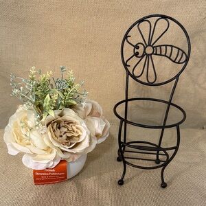 Honey Bee Black Metal Wire Plant Stand and Small Peony Silk Flower Vase